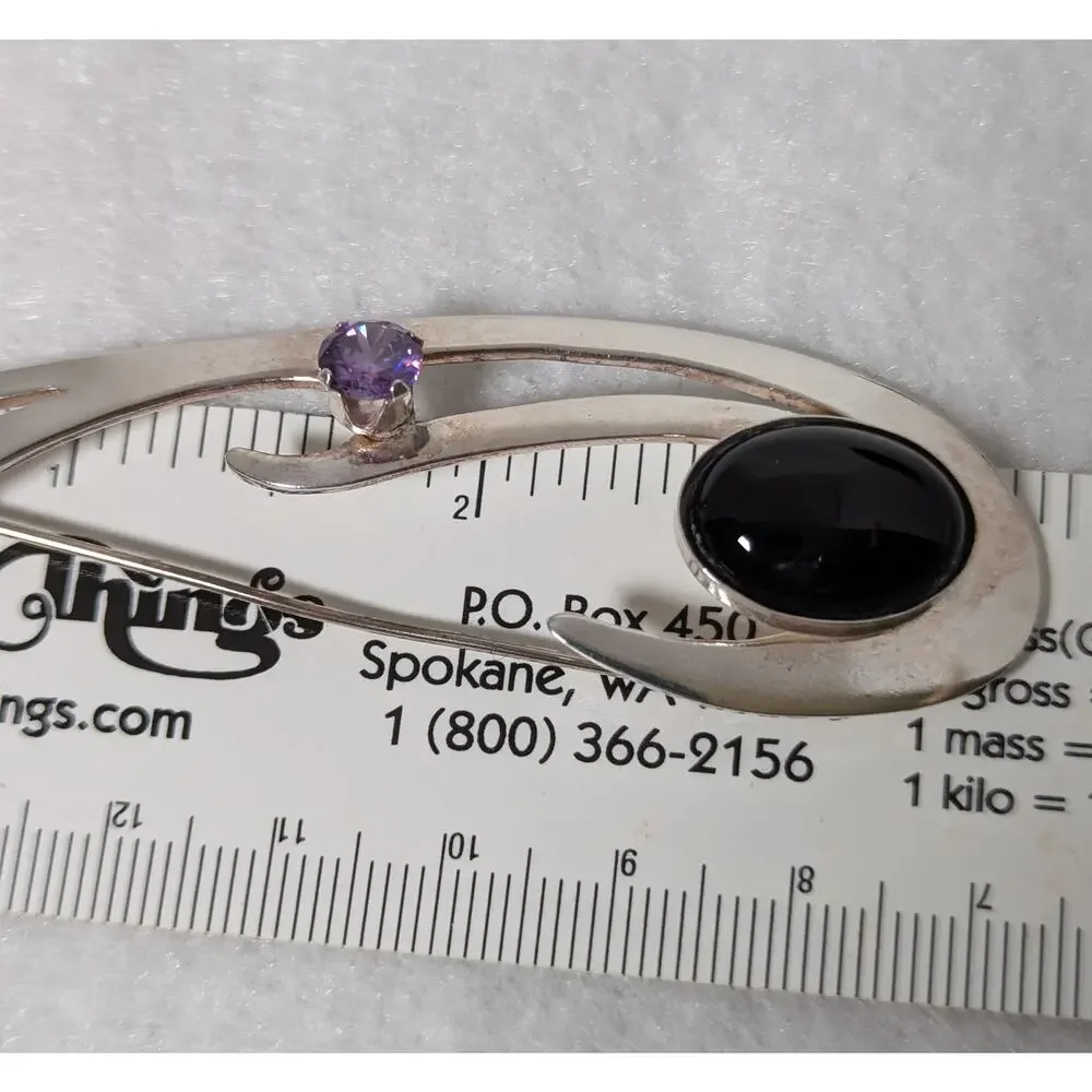 Sterling silver black onyx + amethyst Pin Handmade Large see photos measurements